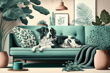Stylish scandinavian living room interior of modern apartment with mint sofa design coffee table furnitures plants and elegant accessories. Beautiful dog lying on the couch. Home decor. Templateの素材