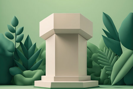 Illustration of a blank podium mockup with a geometric design and a green environment to showcase a productの素材