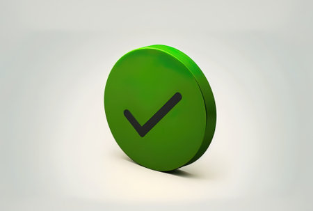for use in web banner mockups and comic interface designs of a green tick sign symbol on a white backdropの素材
