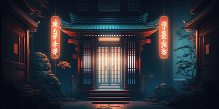 neon lit entrance to a traditional Japanese temple. Cyberpunk style futuristic scene at night. illustrationの素材