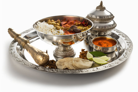 Side image of traditional spicy Indian food Iftar and Ramadan dinner on a silver dish against a white backgroundの素材