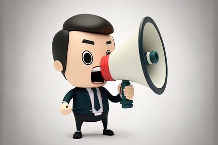 cartoon image of a happy guy holding a speaker Cute businessman standing alone on white extending his knuckle to announce over the loudspeaker. Concept for business advertisementの素材