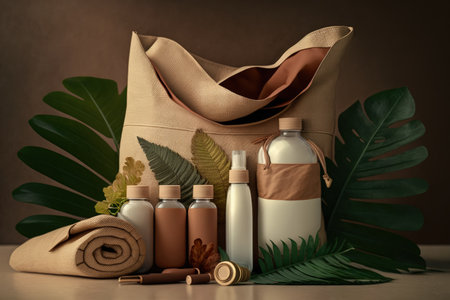 Eco friendly cotton reusable bag with various tubes and bottles made of brown glass and natural wood. natural leaves that are new. Concept for waste free organic cosmeticsの素材