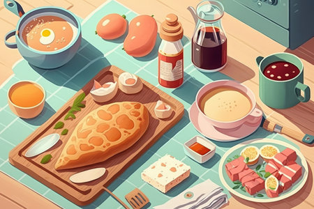 Breakfast food or bakery items and coffee on a kitchen table. preparing and eating breakfast style meals. a top viewの素材