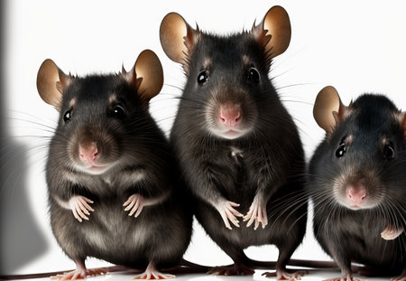 A black rat is shown in three separate stances on a white backdrop. care for a pet. Rats in the household. selective attentionの素材