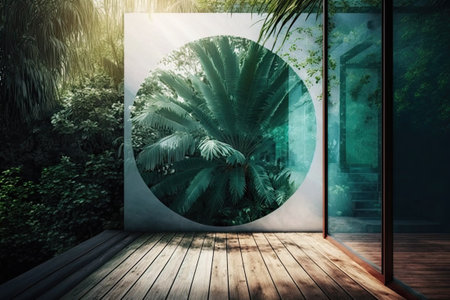 A wooden deck in the midst of a green garden and a glass wall adorned with a palm tree in the tropical style with sunlight streaming in through the glassの素材