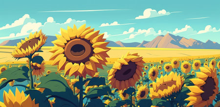 A field of sunflowers on a clear summer day. Sunflower field landscape. Beautiful sunflower field landscape. Field of sunflowersの素材