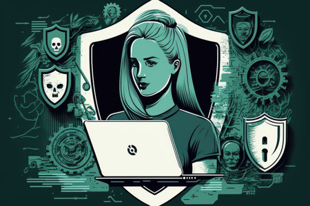 A woman uses a laptop with security features. a network of objects idea of cybersecurity. shield icon with an encryption screen and a lock symbol. protection from threatsの素材