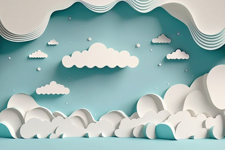 A paper cut style border with a continuous blue sky and white clouds. papercut backdrop with cloudy sky from the top. simple banner for the weather. a cloudscape in pastel colors is depicted on a vectの素材