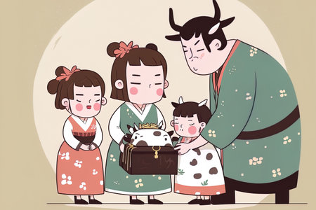A lovely ox family dressed in Hanbok on the first day of the new year in 2021 (mom dad and two boys) is knelt before a fortunate bag. (Lots of luck)の素材