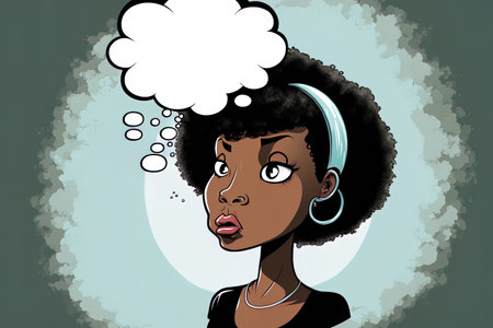 African American lady in speech bubble contemplating something while in drawing. Cartoon of a kind thoughtful businesswoman tackling issues while having doubts or hesitanceの素材