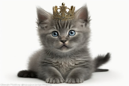 A tiny gray kitten with a royal headpiece. The cat is featured alone against a white background perched on its hind legs. A pet. Complicated issues with pet upbringing. Photographed in a vertical oriの素材