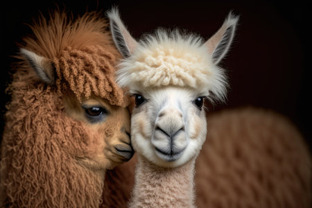 An adorable alpaca (lama llama) at the zoo. Paddock cade with a gorgeous llama or alpaca. A hay chewing animal is depicted in this artwork. Tender alpaca in a zoo or llama farm photographed up closeの素材