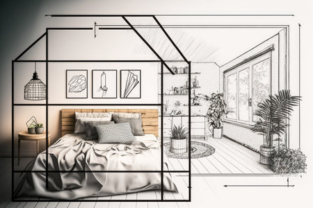 Concept for an architect and interior designer: a hand-drawn sketch of an unfinished project that is eventually completed a mock-up template for a frame a bedroom with rattan furniture set a bed with blankets and cushions and a wardrobeの素材