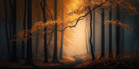 Autumn forest in the fog in the atmosphere. The trees in the early morning forest had yellow and orange leaves. Stunning backgroundの素材
