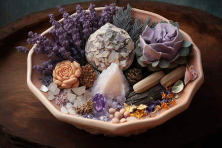 An image of a pottery dish on a tabletop that contains huge rose quartz and amethyst crystals as well as dried lavender flowersの素材