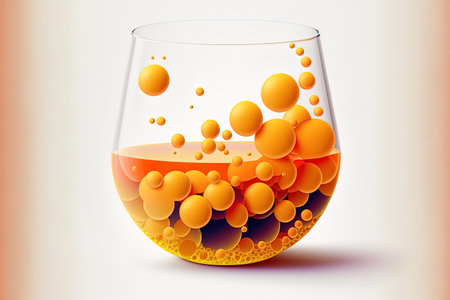 Cartoon illustration of flat spherical glasses on a white backdrop. orange liquid in an isometric beaker glassの素材