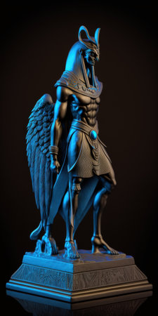 A falcon headed metal statue of the Egyptian god Ra with a black background and blue lighting. superior photographの素材