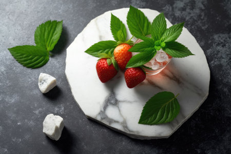 A strawberry mojito rests on a marble table with a mint leaf. a tropical branch in the background of some refreshing beveragesの素材
