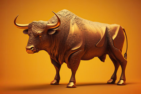 Against a bright yellow orange background is a bronze bull with brown granules symbolizing current market conditions. Investing in the stock market is a central concept in this CG imageの素材