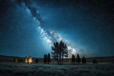 Blue dark night sky with many stars above field of trees. Yellowstone park. Milkyway cosmos backgroundの素材