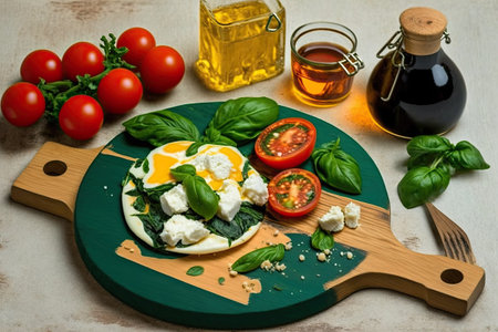 Breakfast with fried eggs spinach rocket feta cheese roasted tomato fresh tomato oregano a wooden chopping board olive oil salt and pepperの素材