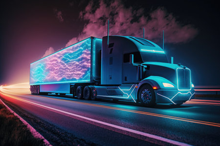 Autonomous semi truck with cargo trailer driving at night on the road while sensors scan the surroundings is a futuristic technology concept. Effects of Self Driving Truck on Freeway Digitalizationの素材