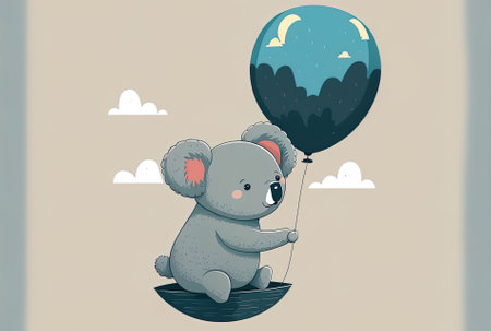 Cartoon symbol of a cute koala floating on a balloon. notion of an animal in nature solitary. cartoonishly flatの素材