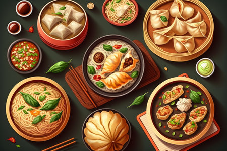 Assorted Chinese food set. Chinese noodles fried rice dumplings peking duck dim sum spring rolls. Famous Chinese cuisine dishes on table. Top view. Chinese restaurant concept. Asian style banquetの素材