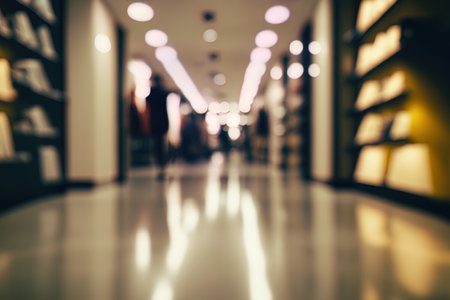 Background image of an abstract blurry brilliant pathway in a gorgeous modern department store or supermarket interior. Suitable for montaging displaying and promoting your itemsの素材