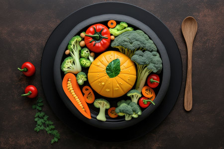 Buddha bowl pumpkin broccoli egg tomatoes carrots paprika in a black plate on a white wooden background. Top view. Free space for your textの素材