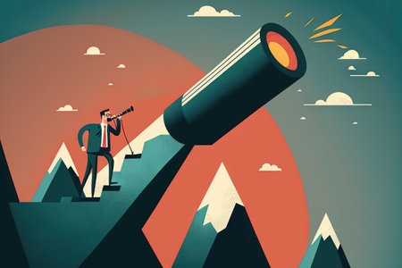 Business potential or market forecasting career development or future growth profit and income forecast idea businessman climbing up rising arrow with large telescopic spyglassの素材