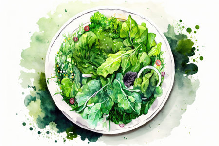 A platter of crisp green salad made with fresh veggies and greens. Vegetarian fare that is good for you. Taken from aboveの素材