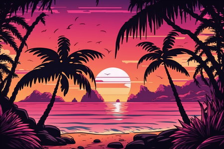 Beautiful tropical beach at sunset with palm trees and a pink sky for travel and relaxation during the holidaysの素材
