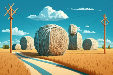 In a compressed wheat field round bales of straw lie in various places. A power line on concrete poles crosses the field. A forest grows behind the field. The weather is sunny the sky is blueの素材