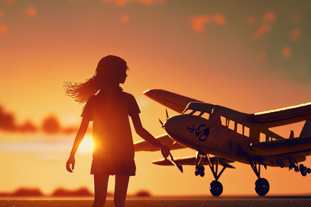 Children play with toy airplanes while a happy girl walks beside one in the setting sun. A teenager fantasizes of flying and becoming a pilot. slow motion girl aspires to be an astronaut and pilotの素材