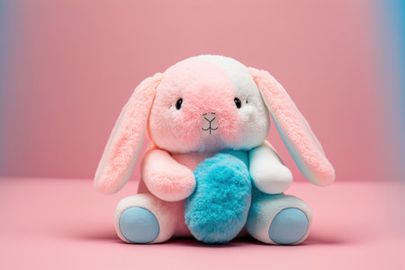 Bunny plush on a pink backdrop. Concept of Easter. A cute toy rabbit is seated against a colourful backdropの素材