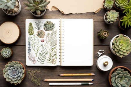 Above: creative home desk. wooden mockup. Text-free space. Decorated trunk slices. Open notebook and succulents. Eco-chic. Panoramaの素材