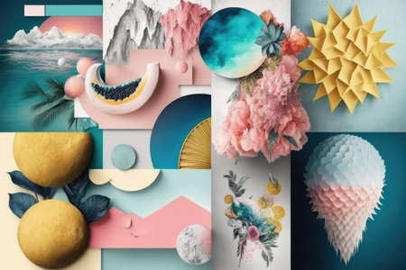 Collage of artistic inspiration in the form of a moodboard. Combine different materials and elements. Vibes of summerの素材