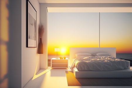 Colored contemporary white bedroom with large panoramic window sunset sunrise minimalist architectureの素材