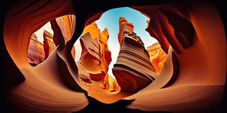 Amazing sandstone formations can be seen in a stunning wide angle view in the renowned Antelope Canyon which is located close to the historic town of Page in Arizona USAの素材
