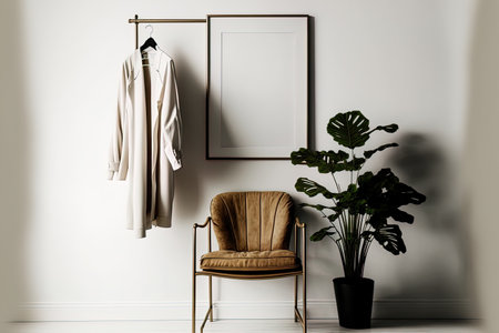 Armchair plant pot and clothes hanging rack on a beige and white backdrop. original composition copy space on a light backdrop. for a website presentation studio or clothing shopの素材