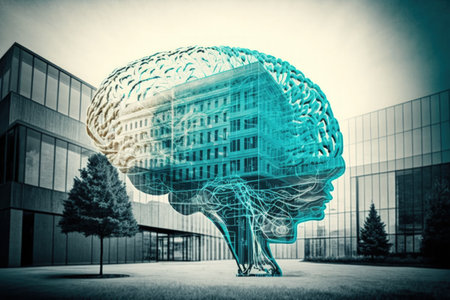 Artificial intelligence hologram with a sketch of the human brain against a background of a modern office building. Multiexposureの素材