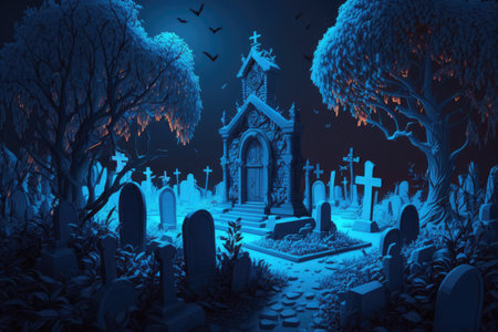Fantastic realistic and futuristic take on a Halloween cemetery filled with the undead at night. Computer generated (CG) artwork concept illustrations and realistic cartoon style scene design forの素材