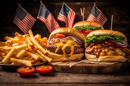 Close up of delicious home made hot dogs and hamburgers with french fries. American traditional cuisine. rapid foodの素材