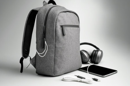 Carry your laptop or ultrabook power bank and wireless headphones in this small gray textile city backpack. taking electronics on the road. Close upの素材