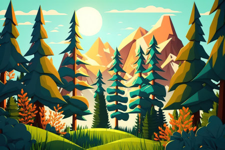Chic view of a spruce forest growing on the hills and mountains against a blue sky on a sunny warm summer day. idea of leisure and recreation outdoors. commercial spaceの素材