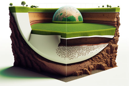 Cross section of a football stadium showing the underlying earth dirt and the grass growing over it. Also shown is a cutaway terrain surface showing mud and the field on their ownの素材