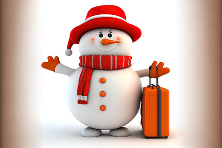 Character mascot of a snowman wearing a santa hat and carrying an orange travel bag on a white backgroundの素材