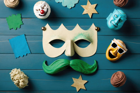 Conceptualization of the Jewish Carnival Holiday of Purim superimposed over a blue wooden background. Top down Flat layの素材